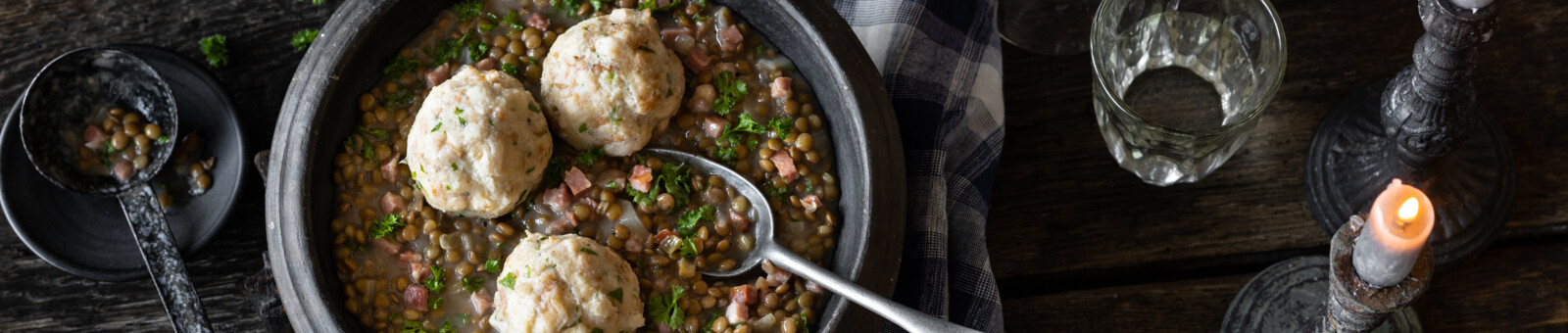     Lentil stew with bacon and bread dumplings 